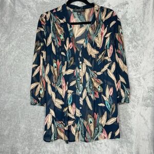 Forever 21 2X Top Shirt Black Peacock Feathers Button Up V Neck 3/4 Sleeve Sheer